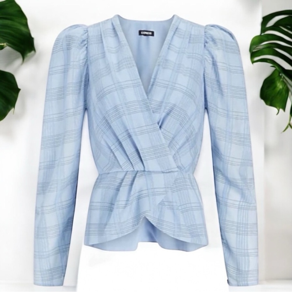 Express Check Print Faux Wrap Peplum Top